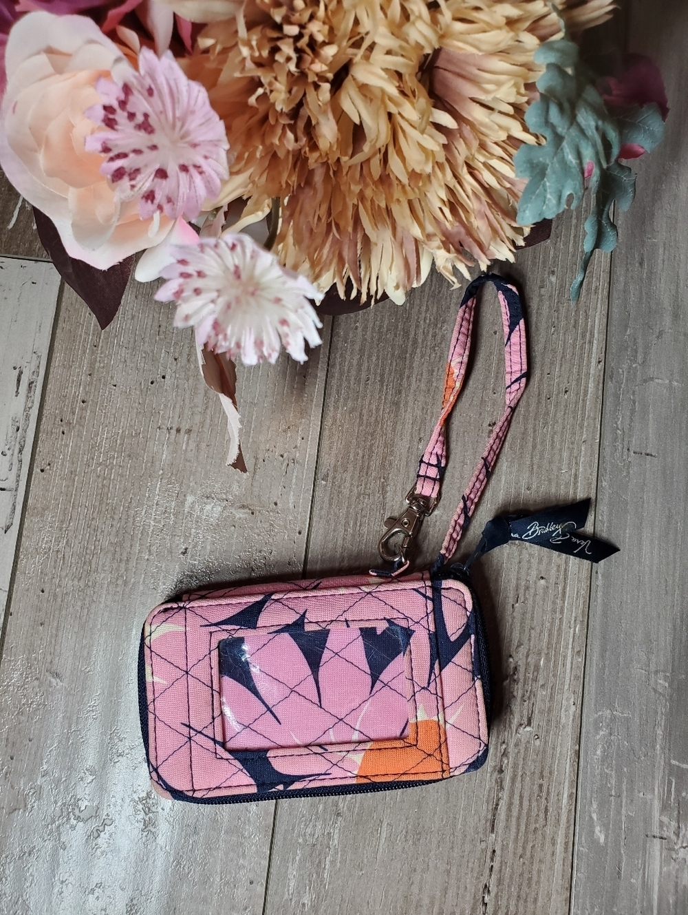 Vera Bradley Pink Floral Quilted Zip Around Wristlet Crossbody Phone Pouch